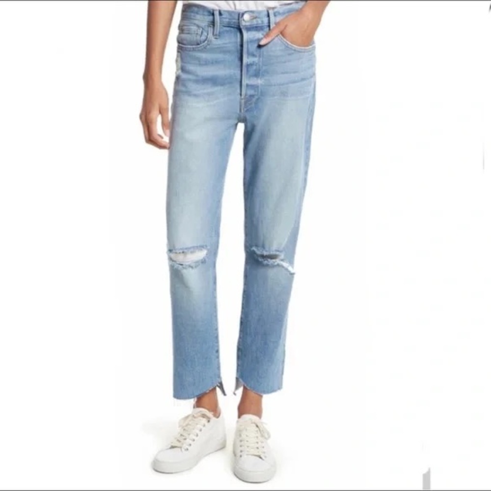 Frame Denim le original Blue Cropped Ankle Jeans raw hem distressed